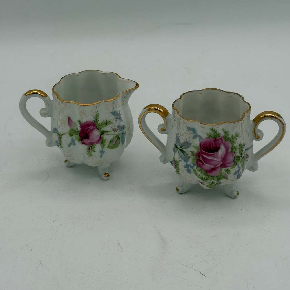 Dresden Creamer & Sugar Bowl Pink Rose NW-9/304 Porcelain Gold Accents
